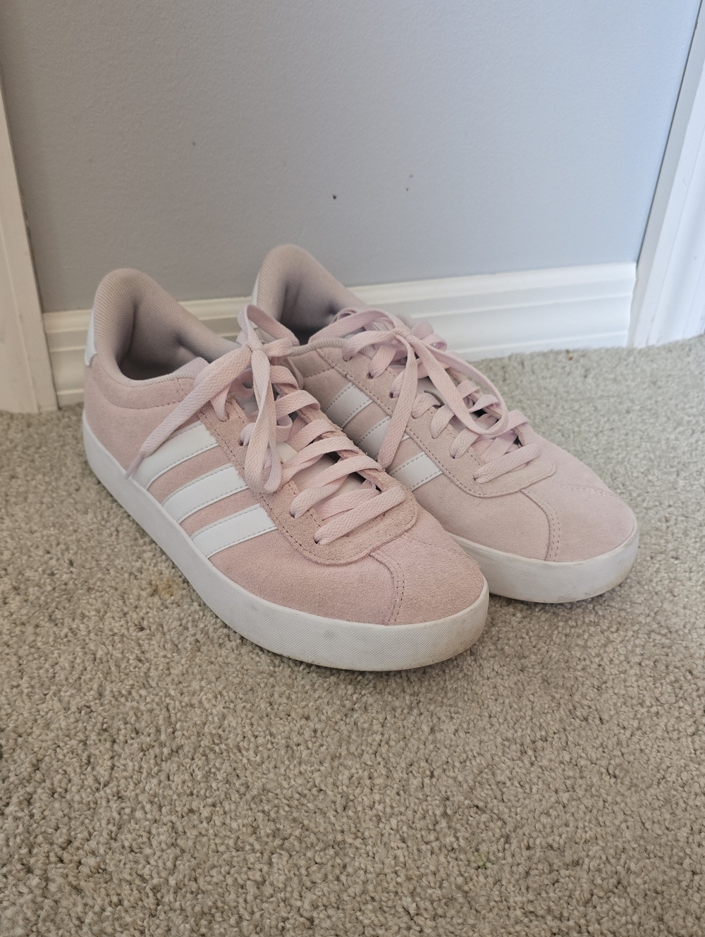 adidas Women's Light Pink Suede Low-Top Sneakers with White Stripes